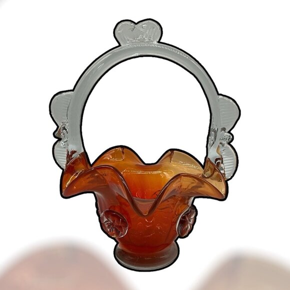 Vintage Hungarian Art Glass Burnt Orange And Clear 10 Inch Basket Collectible - Picture 5 of 16